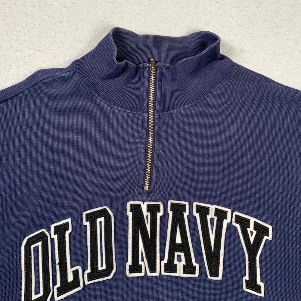Vintage Old Navy Quarter Zip Pullover Mens M Blue Waffle Knit Logo Sweatshirt - Picture 4 of 12